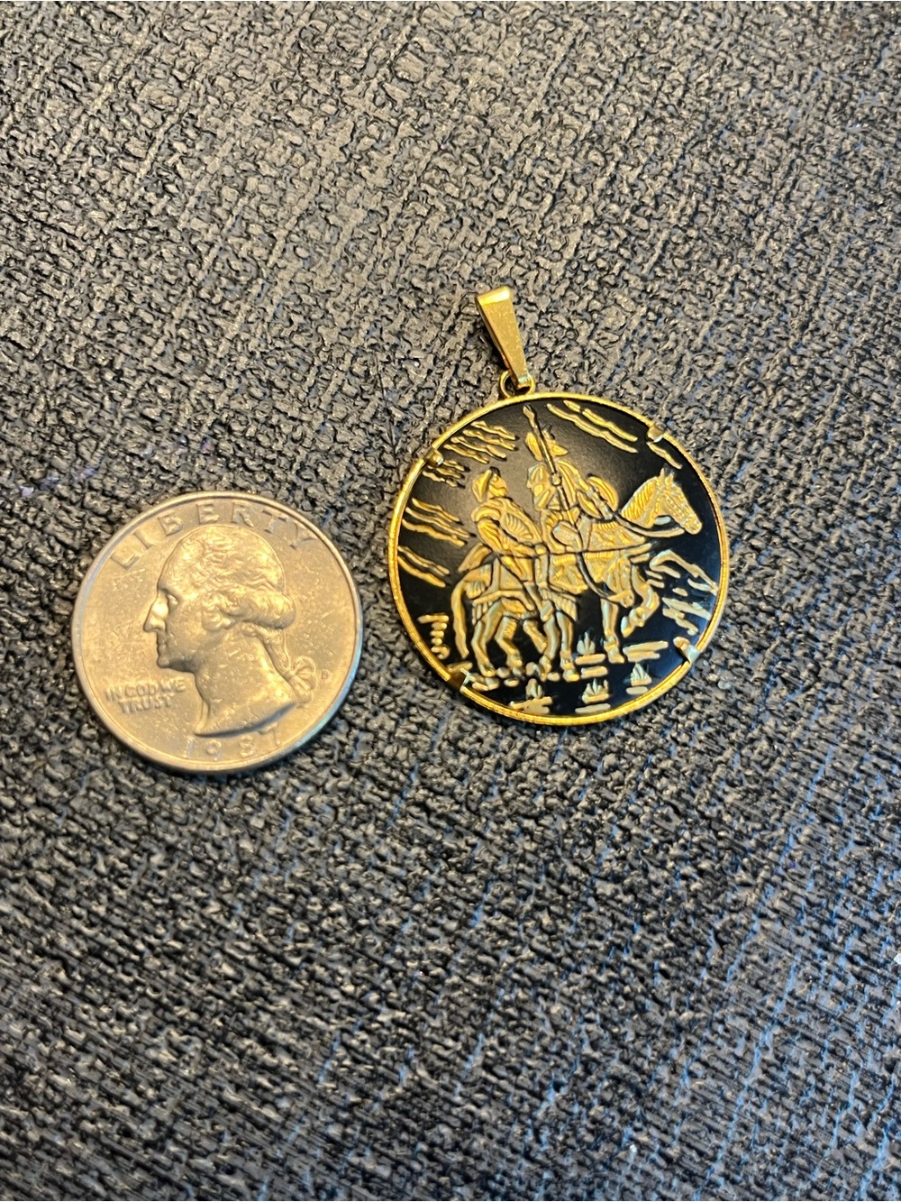Gold-Tone Round Knight Engraved Pendant Necklace in Black and Gold